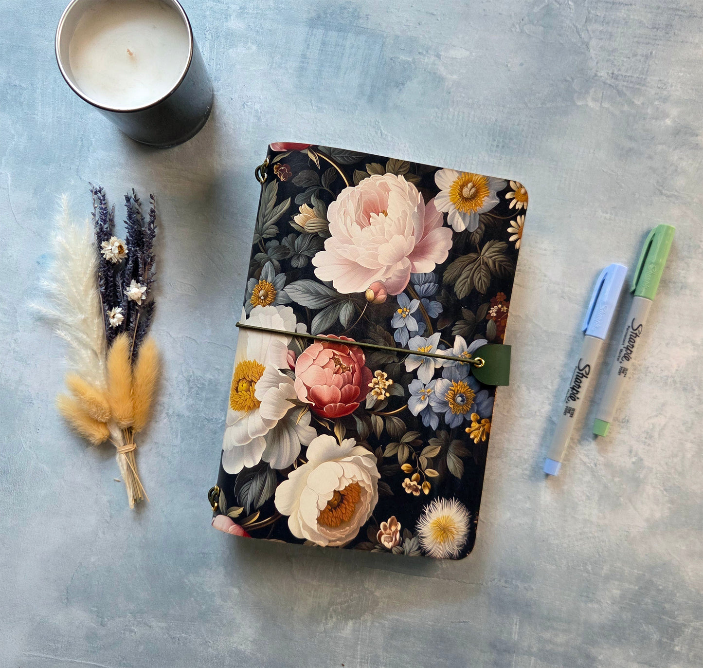 Leather Traveler's Notebook - Midnight English Garden - Dark Floral Journal Cover - A5, Standard, Pocket