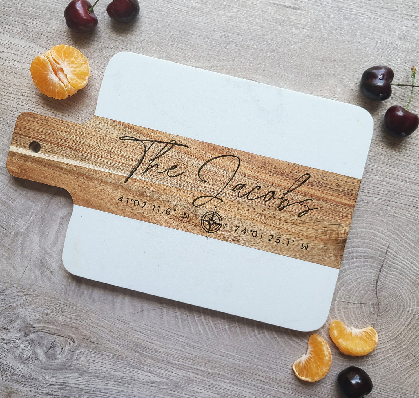 Custom Marble Acacia Cheese Board with GPS coordinates. Charcuterie Board - Dragon Forged Studios