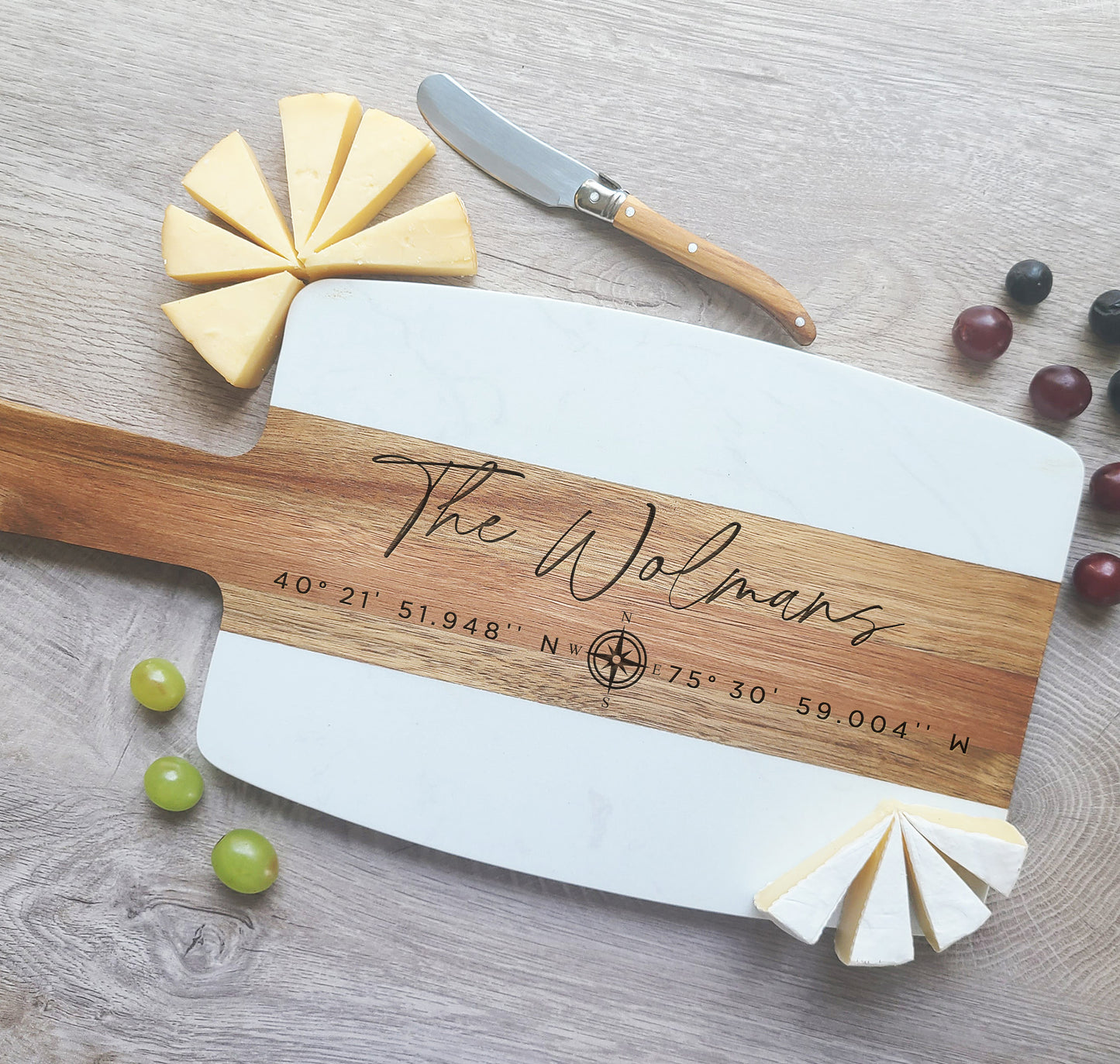 Custom Marble Acacia Cheese Board with GPS coordinates. Charcuterie Board - Dragon Forged Studios