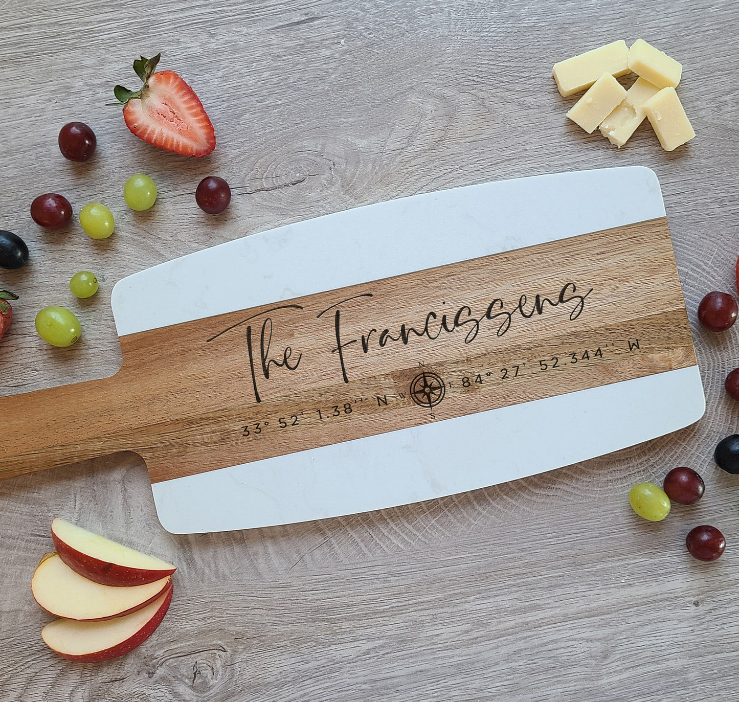 Custom Marble Acacia Cheese Board with GPS coordinates. Charcuterie Board - Dragon Forged Studios