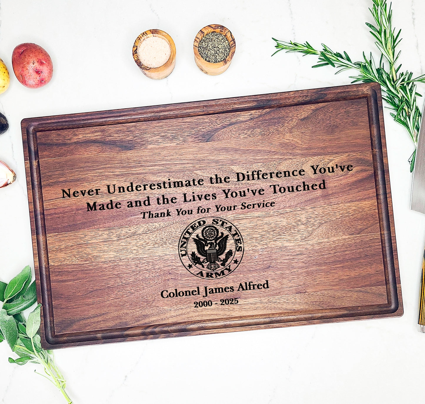 Custom Retirement Gift for Military - Personalized Cutting Board For Army, Navy, Air Force, Marine Retiree, Never Underestimate