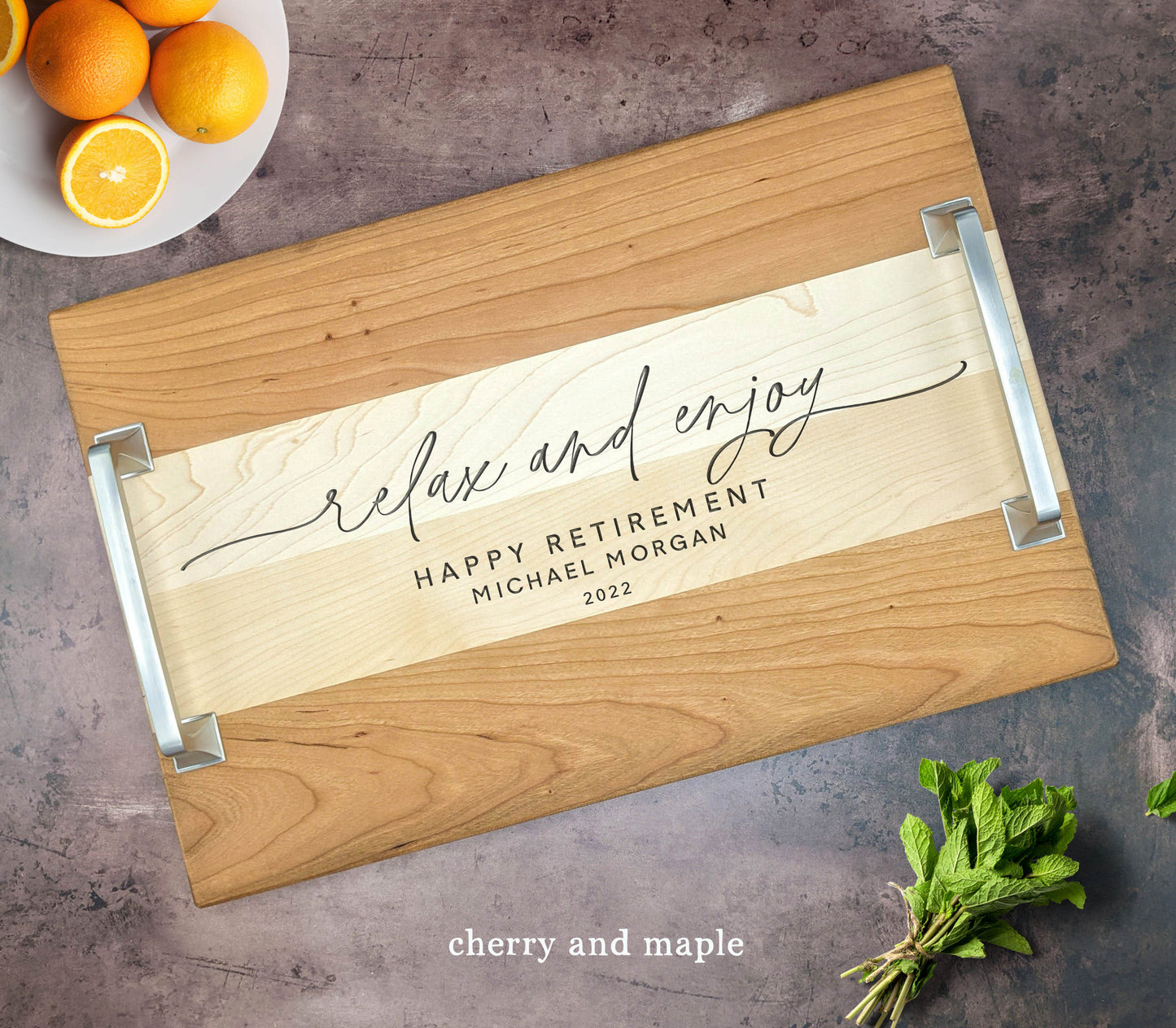 Relax and Enjoy Retirement Gift Gift Serving Tray. Custom Personalized Serving Tray with Handles - Dragon Forged Studios