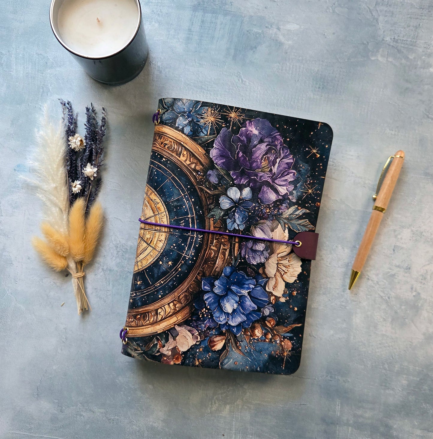 Leather Traveler's Notebook - Celestial Garden - Dark Floral Journal Cover - A5, Standard, Pocket