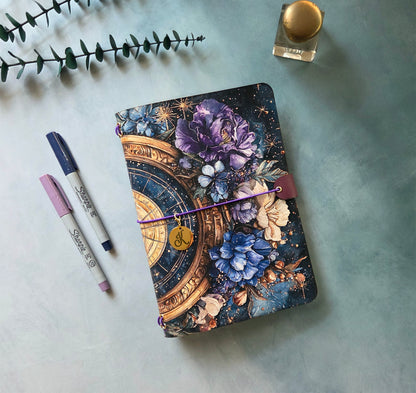 Leather Traveler's Notebook - Celestial Garden - Dark Floral Journal Cover - A5, Standard, Pocket