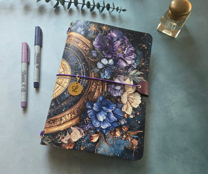 Leather Traveler's Notebook - Celestial Garden - Dark Floral Journal Cover - A5, Standard, Pocket