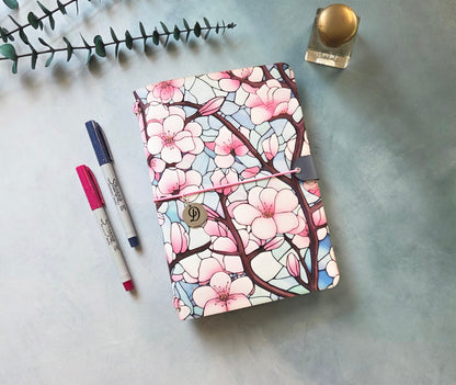 Leather Traveler's Notebook - Cherry Blossom Spring Botanical - A5, Standard, Pocket Field Note Size