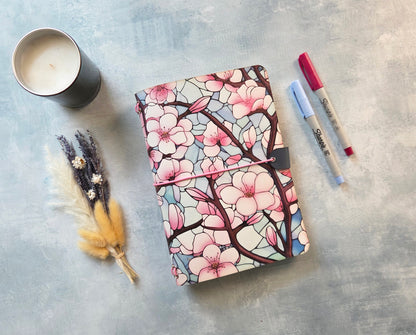 Leather Traveler's Notebook - Cherry Blossom Spring Botanical - A5, Standard, Pocket Field Note Size