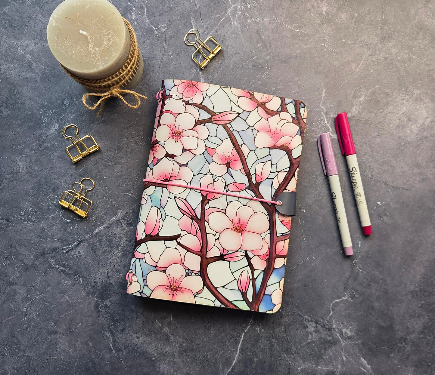 Leather Traveler's Notebook - Cherry Blossom Spring Botanical - A5, Standard, Pocket Field Note Size