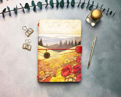 Leather Traveler's Notebook - Crimson Fields - A5, Standard, Field Pocket Sizes