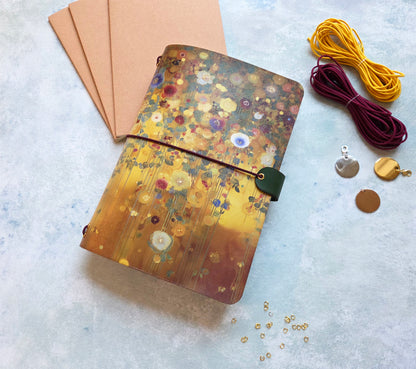 Leather Traveler's Notebook - Golden Botanical - Klimt-Inspired Journal Cover - A5, Standard, Pocket