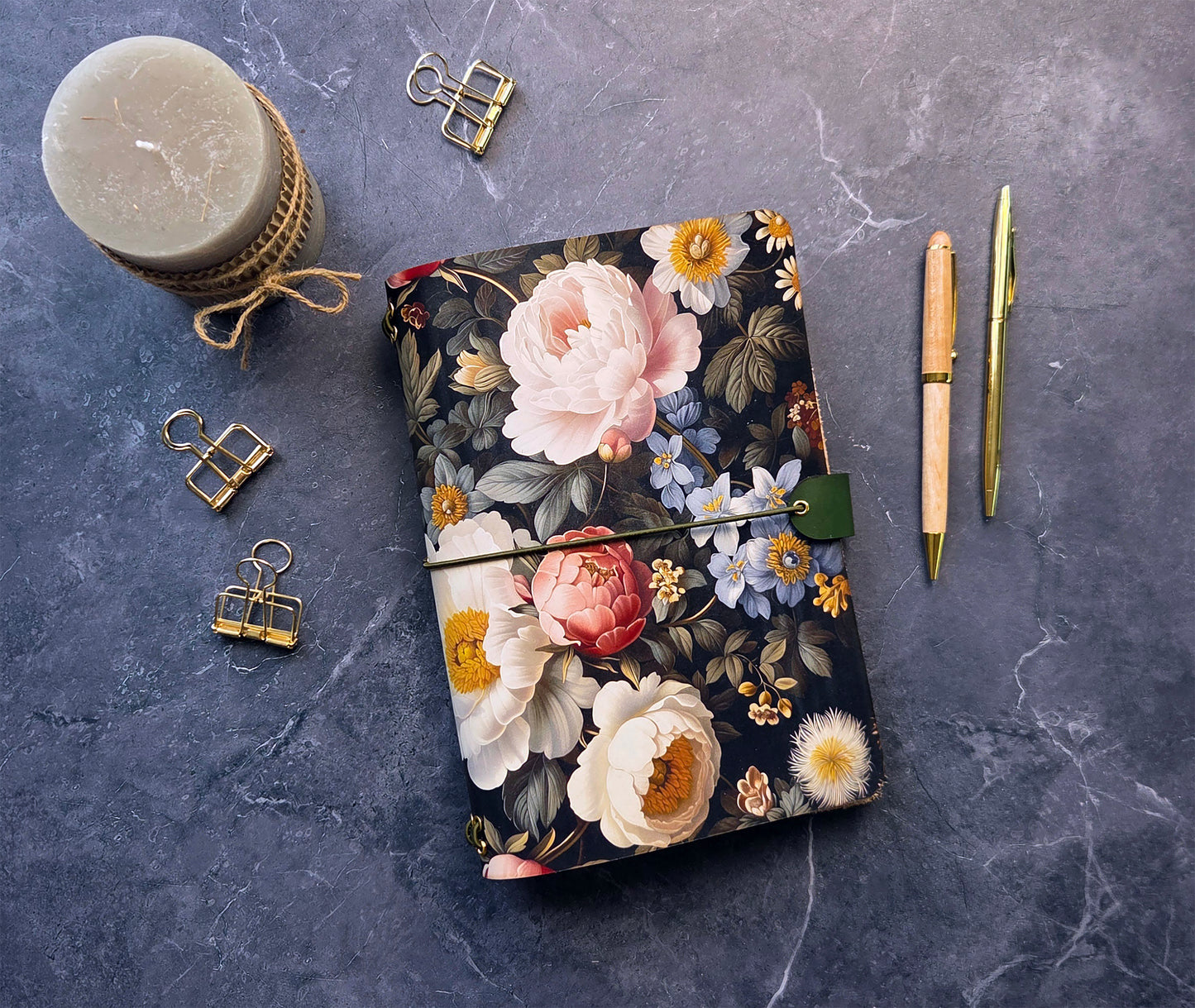 Leather Traveler's Notebook - Midnight English Garden - Dark Floral Journal Cover - A5, Standard, Pocket