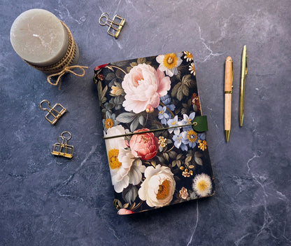 Leather Traveler's Notebook - Midnight English Garden - Dark Floral Journal Cover - A5, Standard, Pocket
