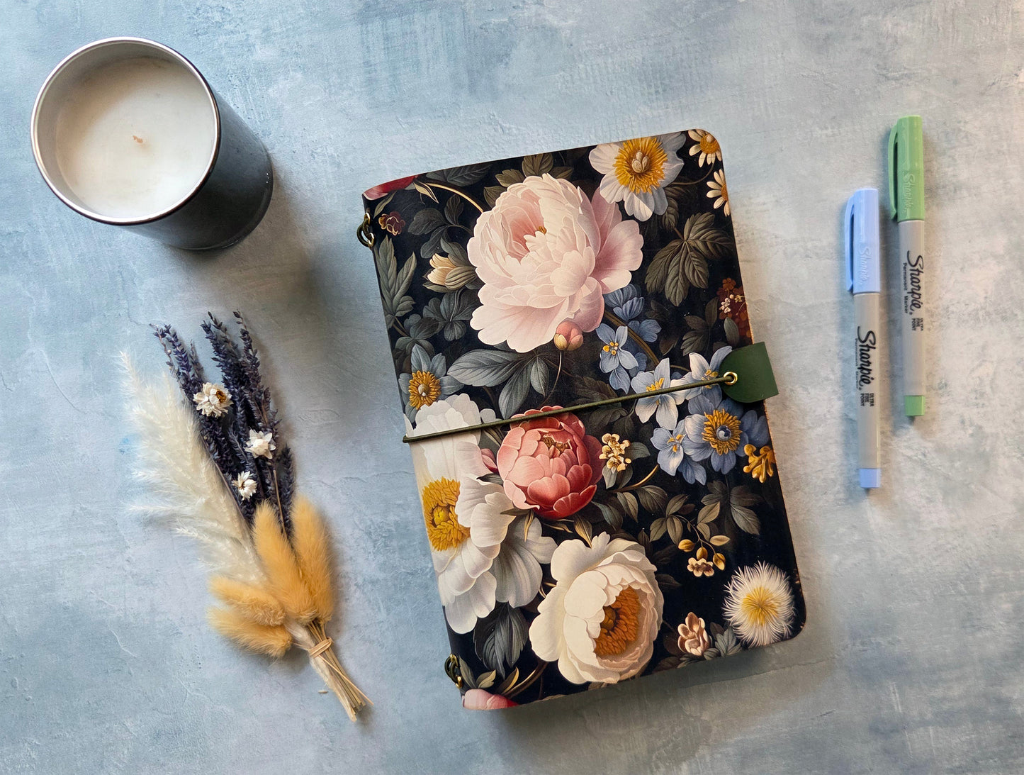 Leather Traveler's Notebook - Midnight English Garden - Dark Floral Journal Cover - A5, Standard, Pocket