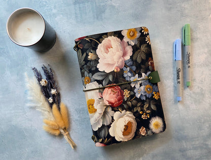 Leather Traveler's Notebook - Midnight English Garden - Dark Floral Journal Cover - A5, Standard, Pocket