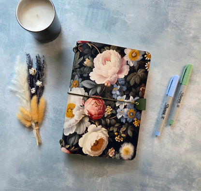 Leather Traveler's Notebook - Midnight English Garden - Dark Floral Journal Cover - A5, Standard, Pocket