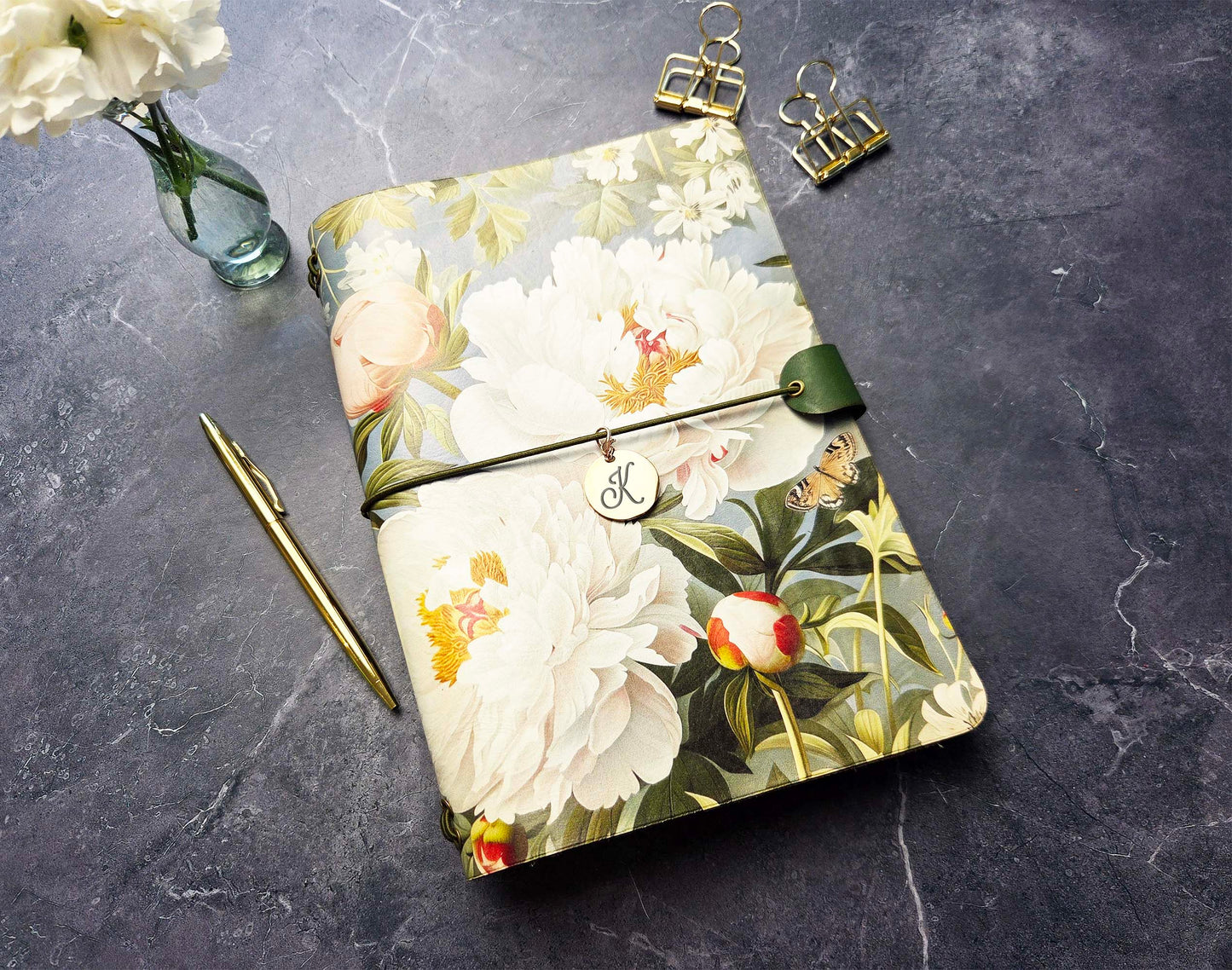 Leather Traveler's Notebook - Queen of the Peonies - Floral Gift for Her - A5, Standard, Pocket