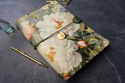 Leather Traveler's Notebook - Queen of the Peonies - Floral Gift for Her - A5, Standard, Pocket