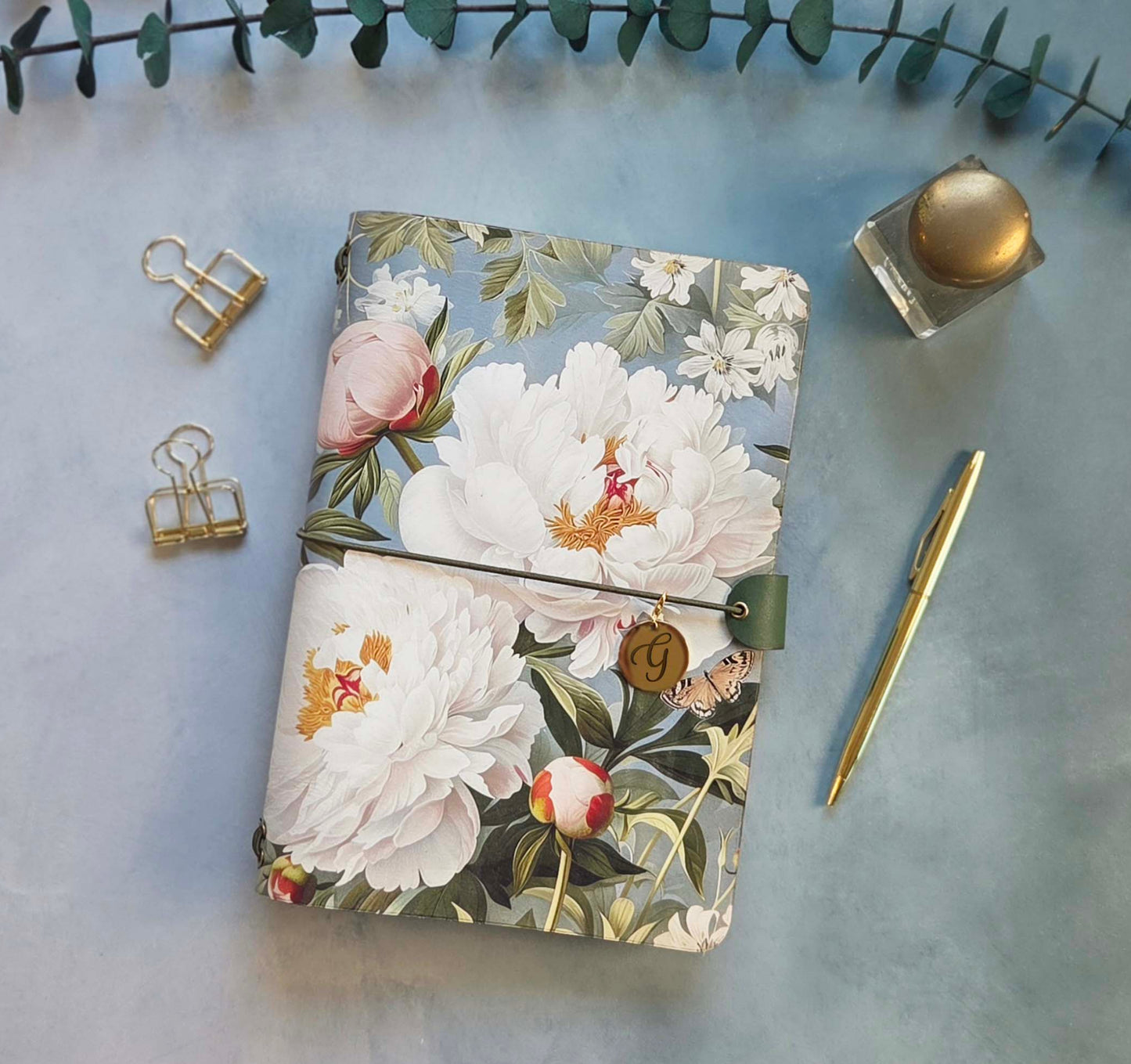 Leather Traveler's Notebook - Queen of the Peonies - Floral Gift for Her - A5, Standard, Pocket