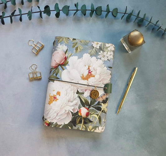 Leather Traveler's Notebook - Queen of the Peonies - Floral Gift for Her - A5, Standard, Pocket