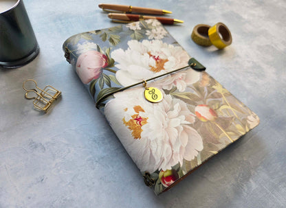 Leather Traveler's Notebook - Queen of the Peonies - Floral Gift for Her - A5, Standard, Pocket