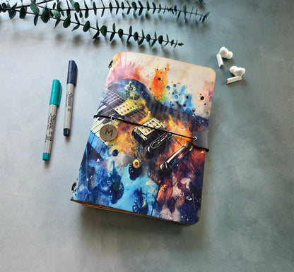 Leather Traveler's Notebook - A Splash of Music - Music Gift for Musicians - A5, Standard, Pocket