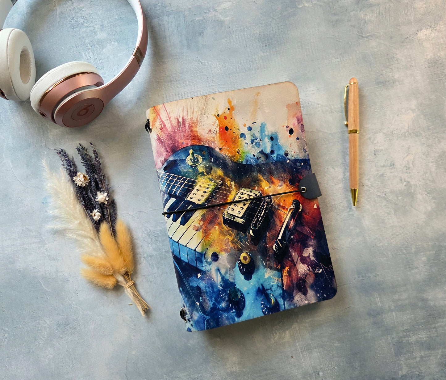Leather Traveler's Notebook - A Splash of Music - Music Gift for Musicians - A5, Standard, Pocket