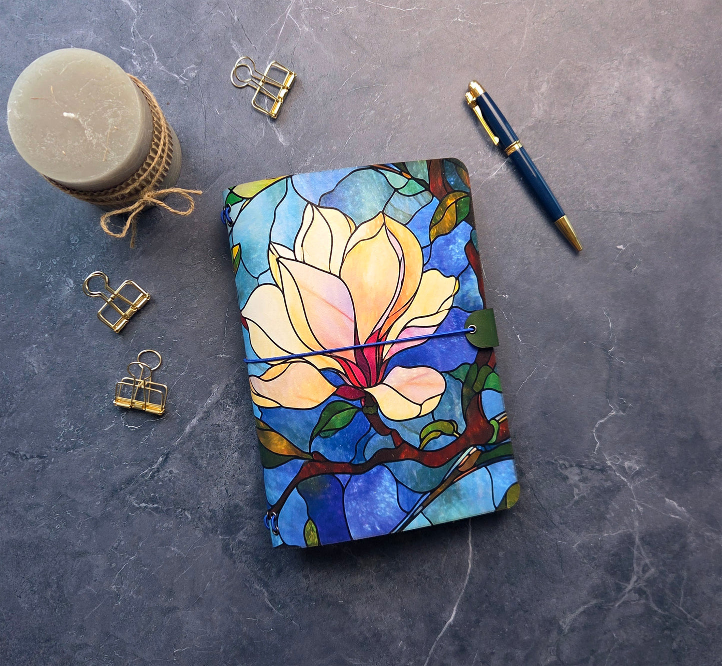 Leather Traveler's Notebook - Stained Glass Magnolia - Floral Gift for Writers - A5, Standard, Pocket