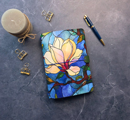 Leather Traveler's Notebook - Stained Glass Magnolia - Floral Gift for Writers - A5, Standard, Pocket