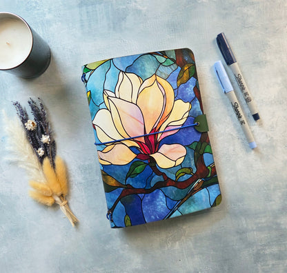 Leather Traveler's Notebook - Stained Glass Magnolia - Floral Gift for Writers - A5, Standard, Pocket