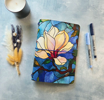 Leather Traveler's Notebook - Stained Glass Magnolia - Floral Gift for Writers - A5, Standard, Pocket
