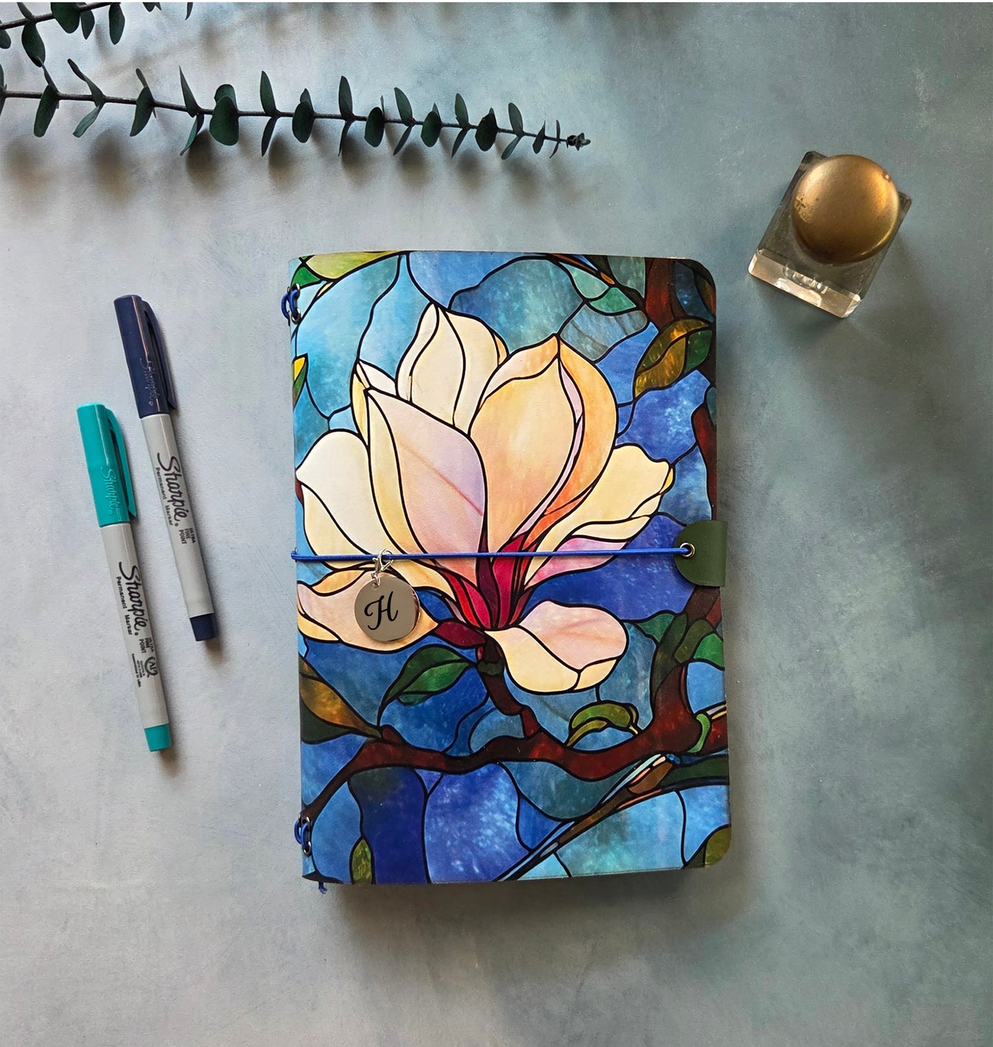 Leather Traveler's Notebook - Stained Glass Magnolia - Floral Gift for Writers - A5, Standard, Pocket