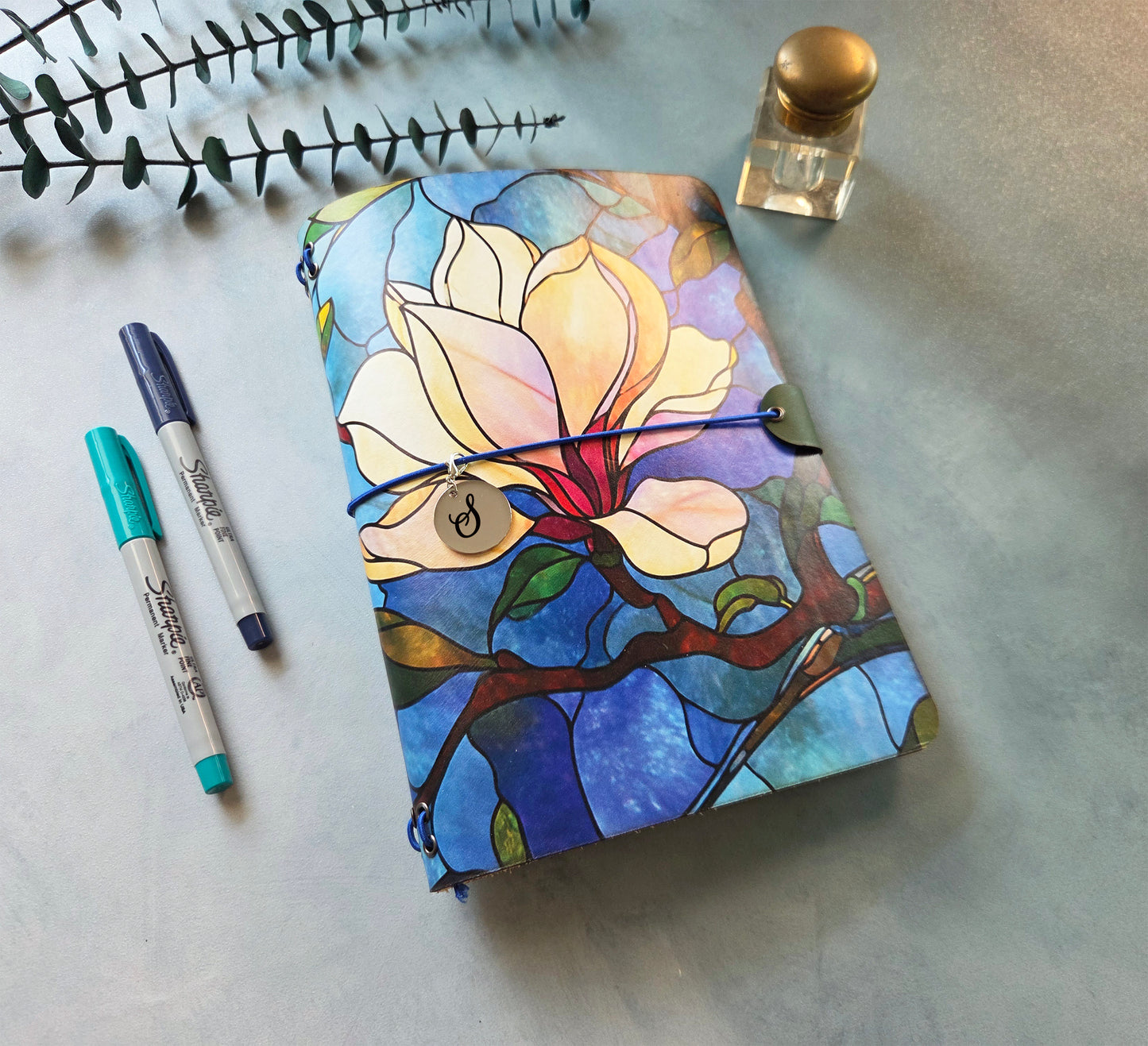 Leather Traveler's Notebook - Stained Glass Magnolia - Floral Gift for Writers - A5, Standard, Pocket