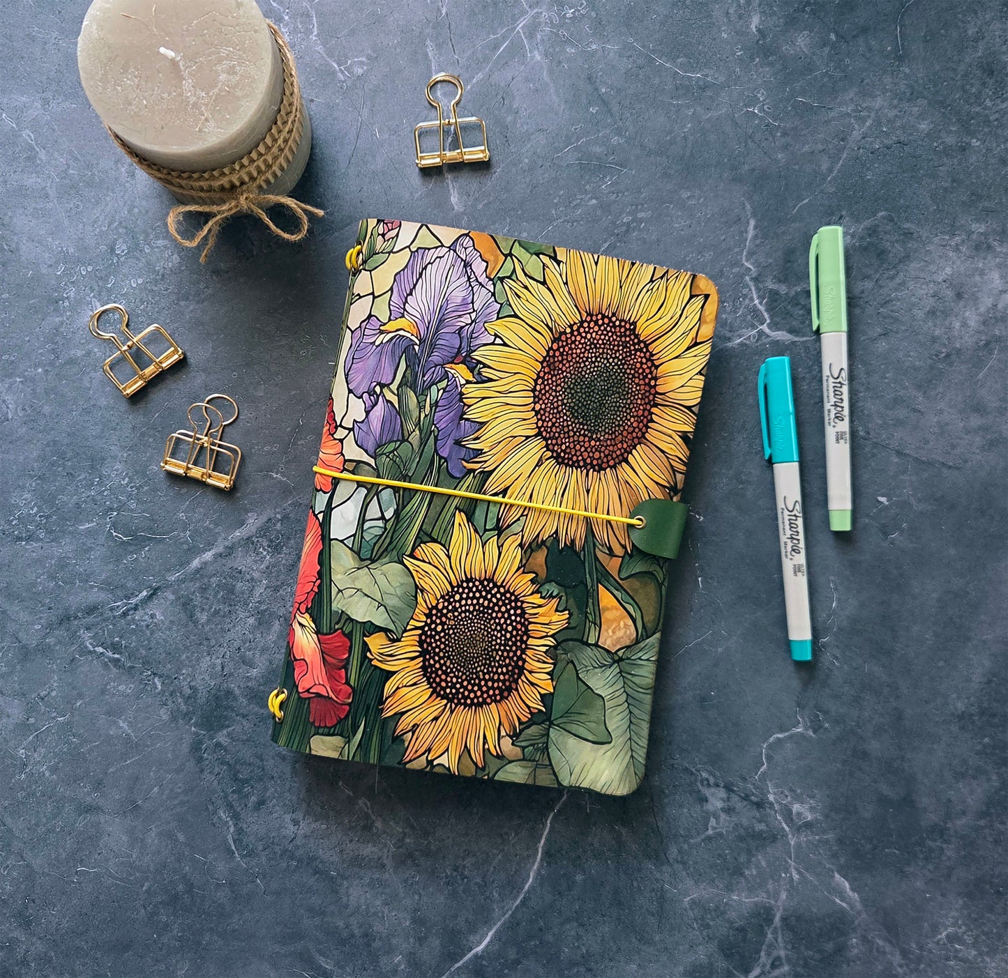 Leather Traveler's Notebook - Sunflower Fields - Floral Gift for Her - A5, Standard, Pocket