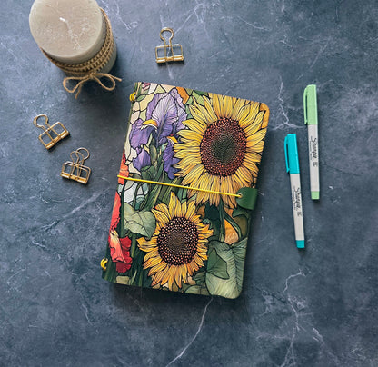 Leather Traveler's Notebook - Sunflower Fields - Floral Gift for Her - A5, Standard, Pocket