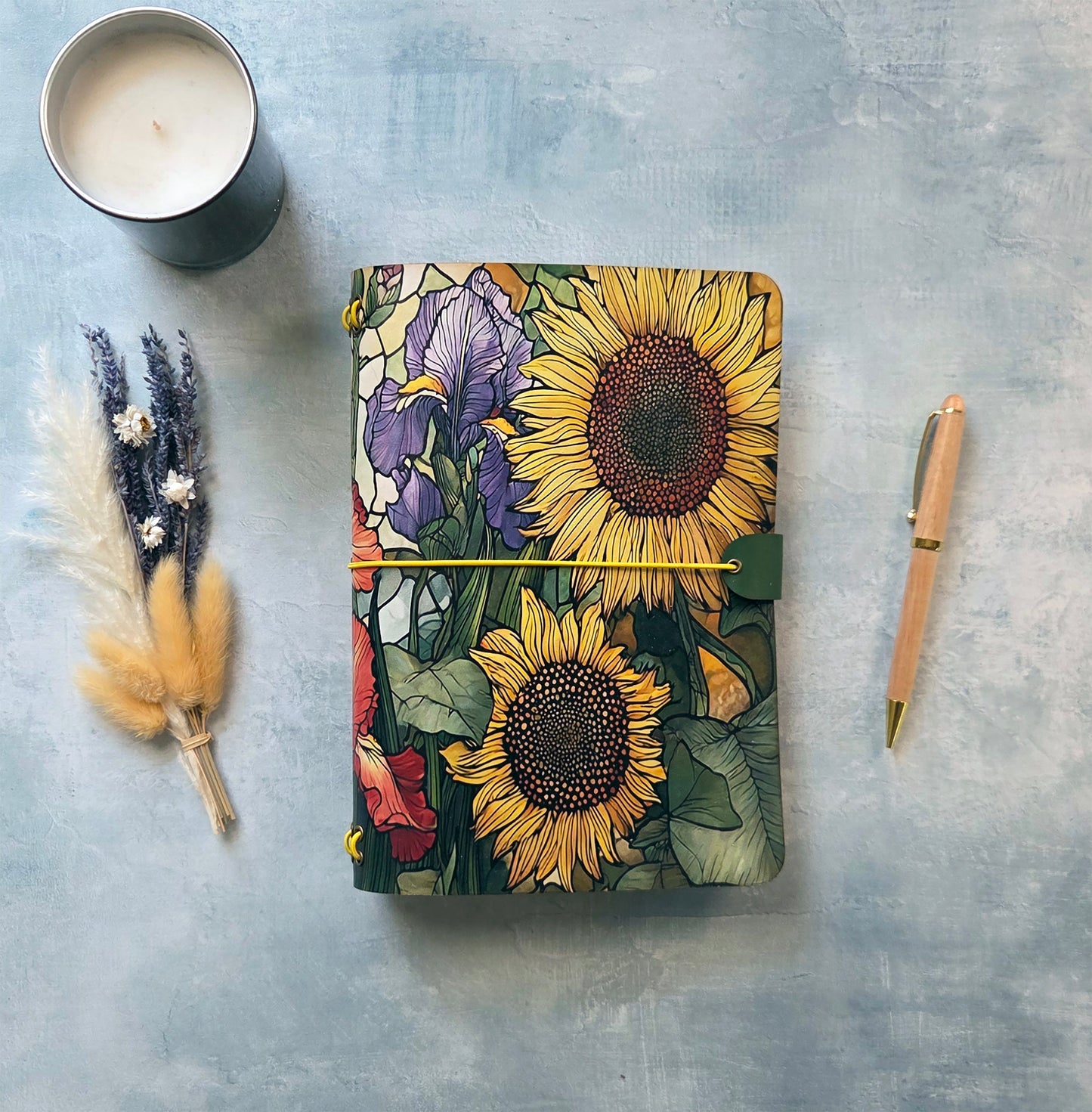 Leather Traveler's Notebook - Sunflower Fields - Floral Gift for Her - A5, Standard, Pocket