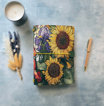Leather Traveler's Notebook - Sunflower Fields - Floral Gift for Her - A5, Standard, Pocket