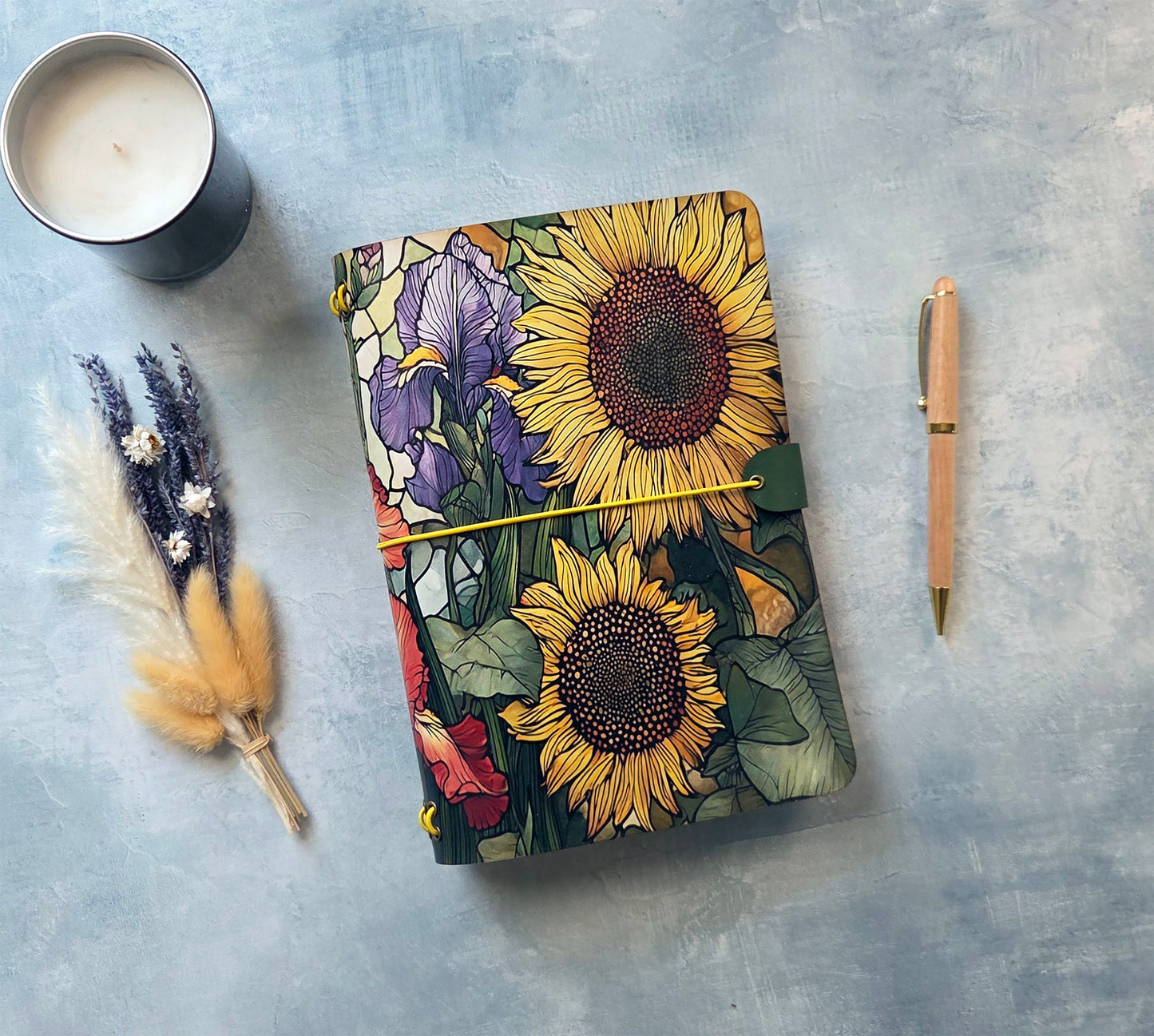 Leather Traveler's Notebook - Sunflower Fields - Floral Gift for Her - A5, Standard, Pocket