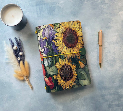 Leather Traveler's Notebook - Sunflower Fields - Floral Gift for Her - A5, Standard, Pocket