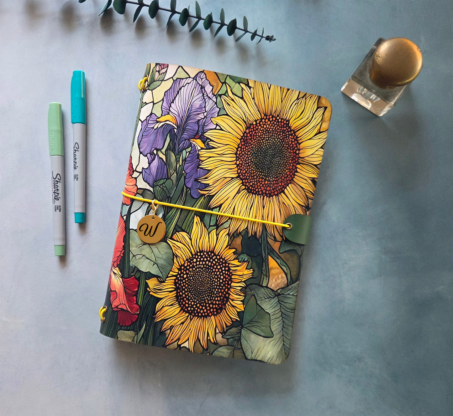 Leather Traveler's Notebook - Sunflower Fields - Floral Gift for Her - A5, Standard, Pocket