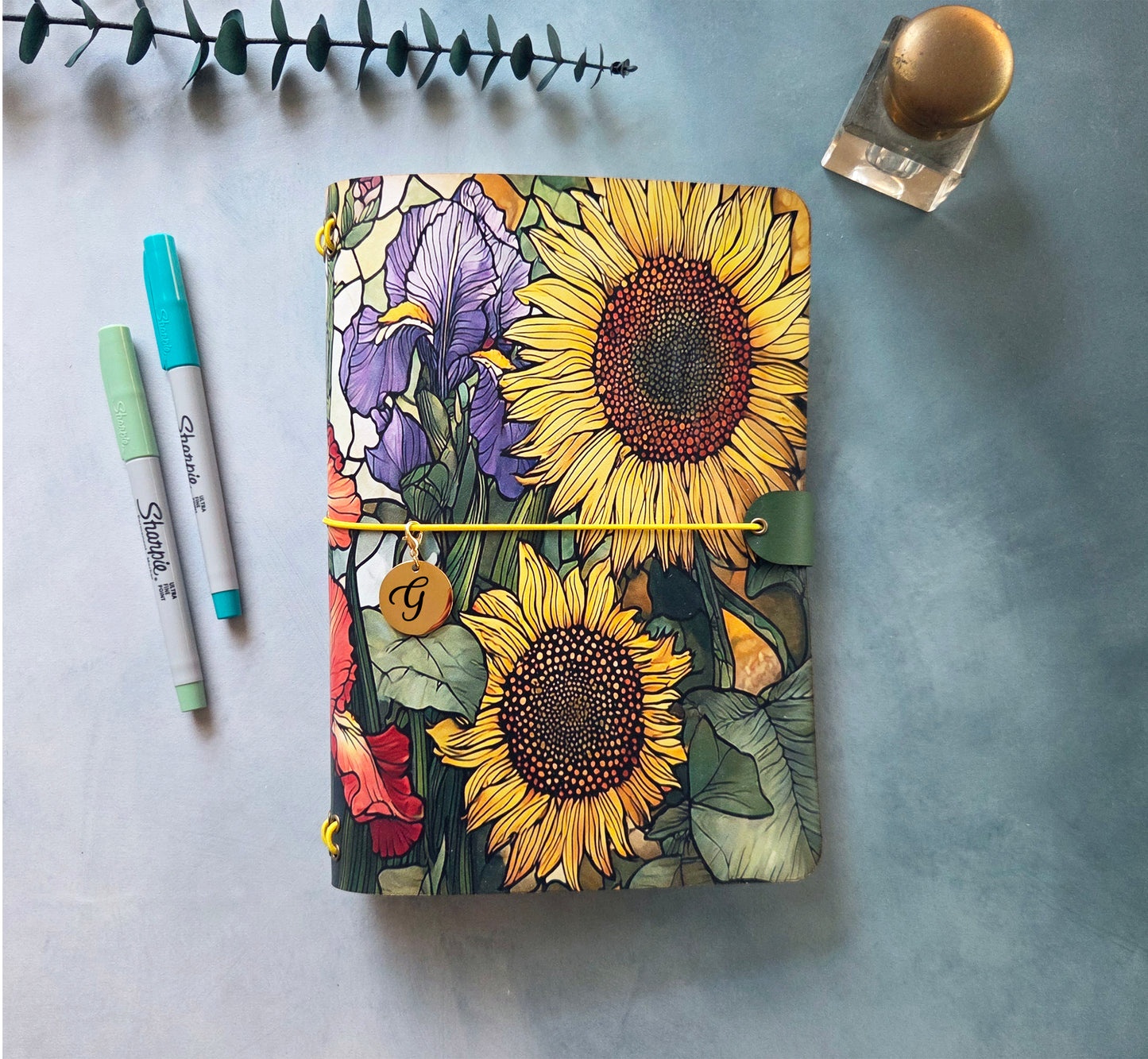 Leather Traveler's Notebook - Sunflower Fields - Floral Gift for Her - A5, Standard, Pocket