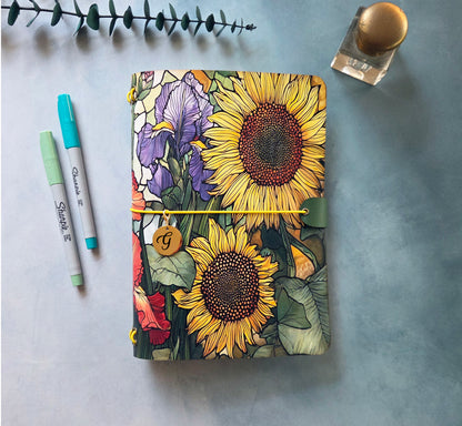 Leather Traveler's Notebook - Sunflower Fields - Floral Gift for Her - A5, Standard, Pocket
