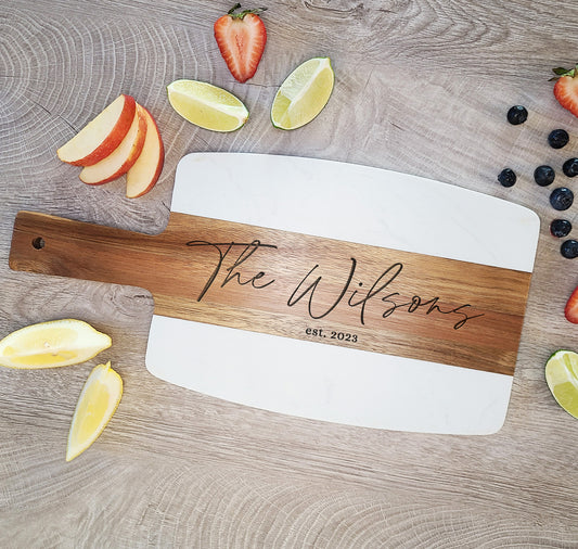 Personalized Acacia Wood Marble Serving Board. Custom Cheese Board - Housewarming Gift, Charcuterie Board - Dragon Forged Studios