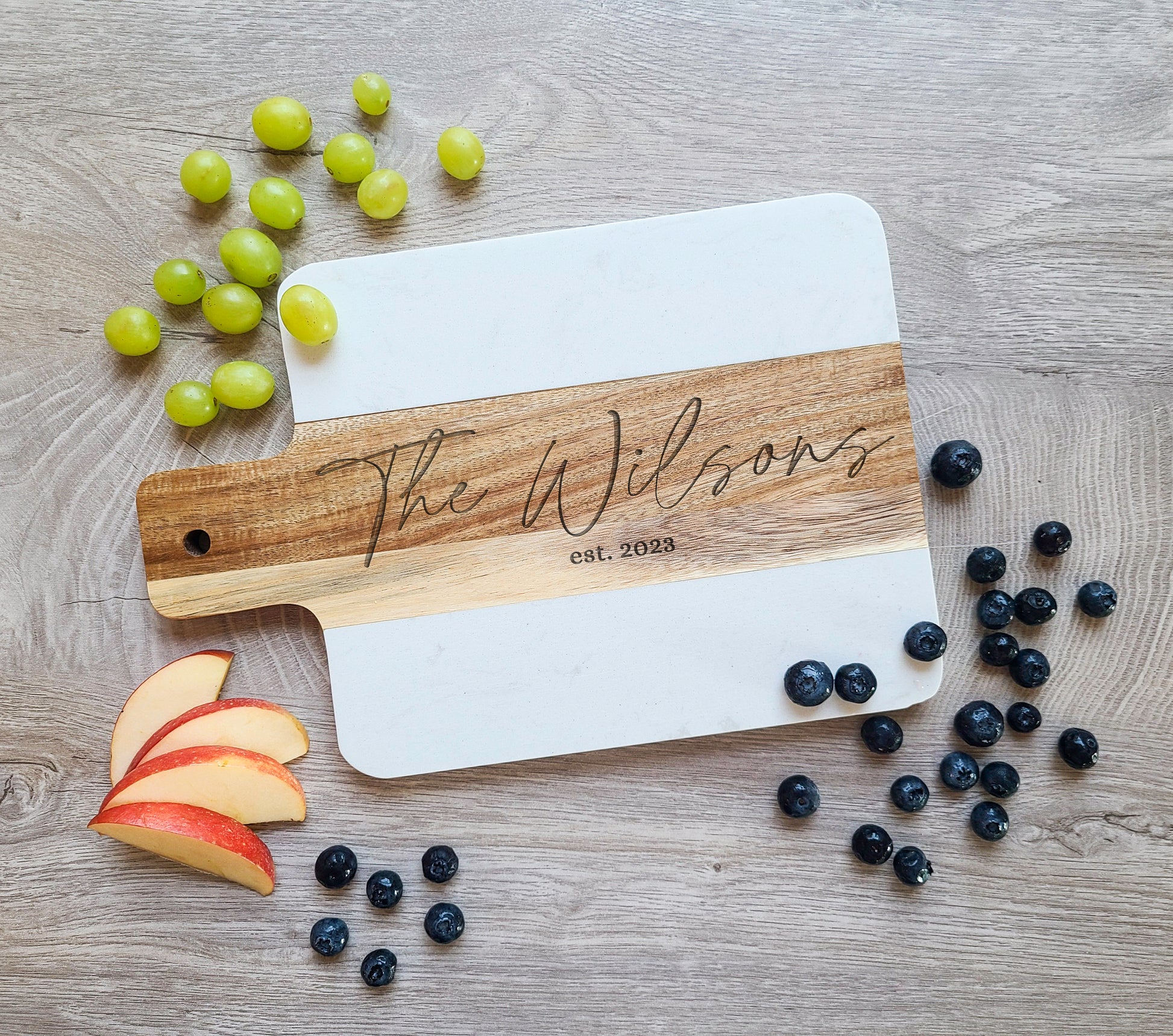 Personalized Acacia Wood Marble Serving Board. Custom Cheese Board - Housewarming Gift, Charcuterie Board - Dragon Forged Studios