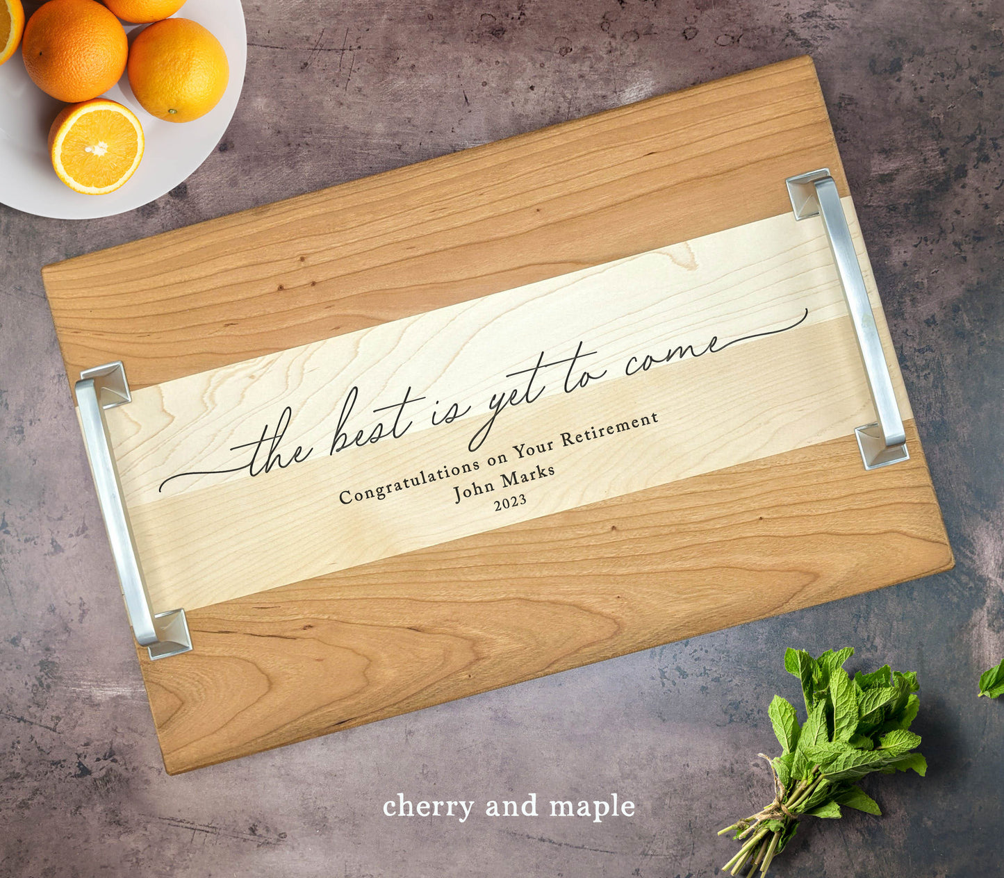Best is Yet to Come  Retirement Gift for him or her. Custom Retirement Gift Serving Tray. Custom Personalized Serving Tray with Handles. - Dragon Forged Studios