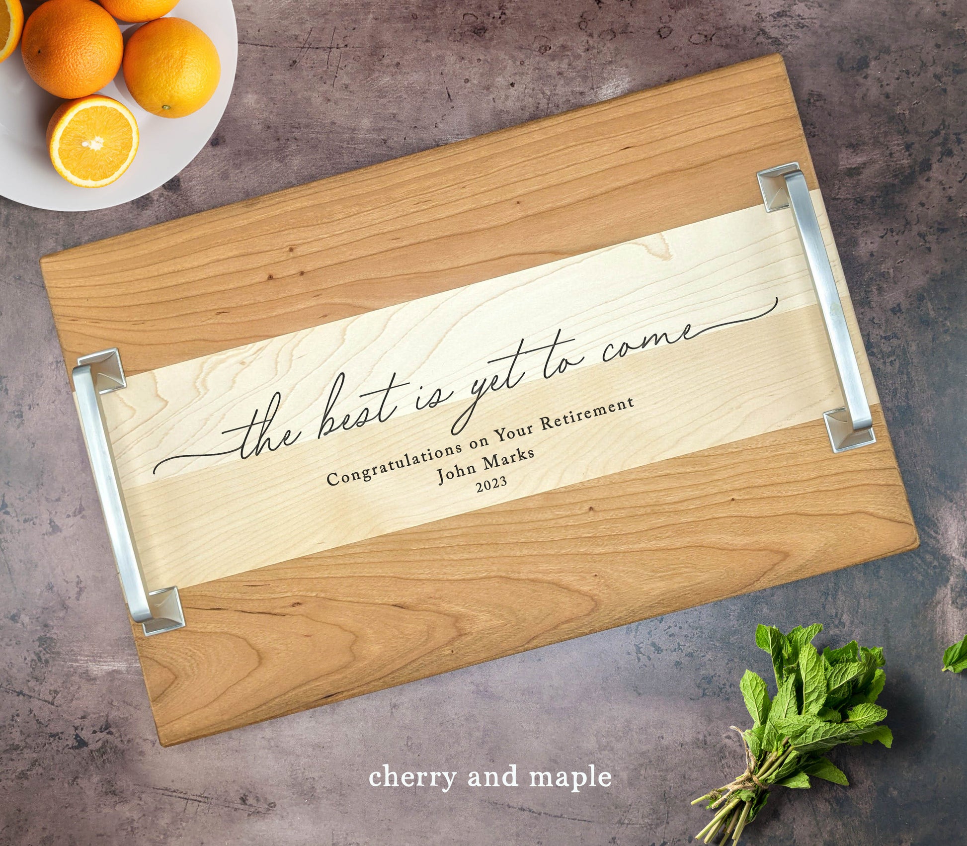 Best is Yet to Come  Retirement Gift for him or her. Custom Retirement Gift Serving Tray. Custom Personalized Serving Tray with Handles. - Dragon Forged Studios