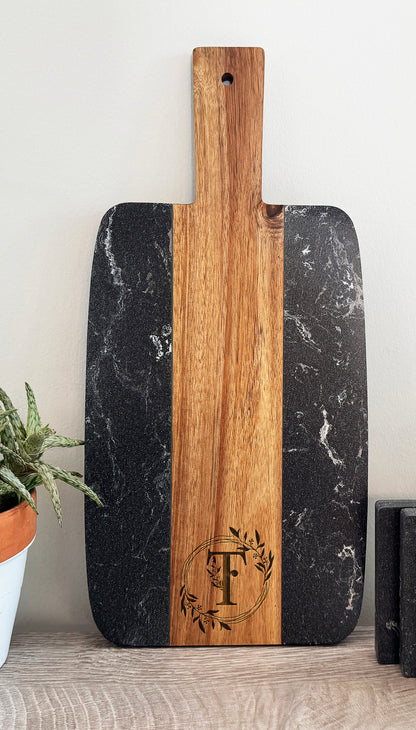 Personalized Black Marble & Acacia Charcuterie Board Set with Custom Floral Monogram