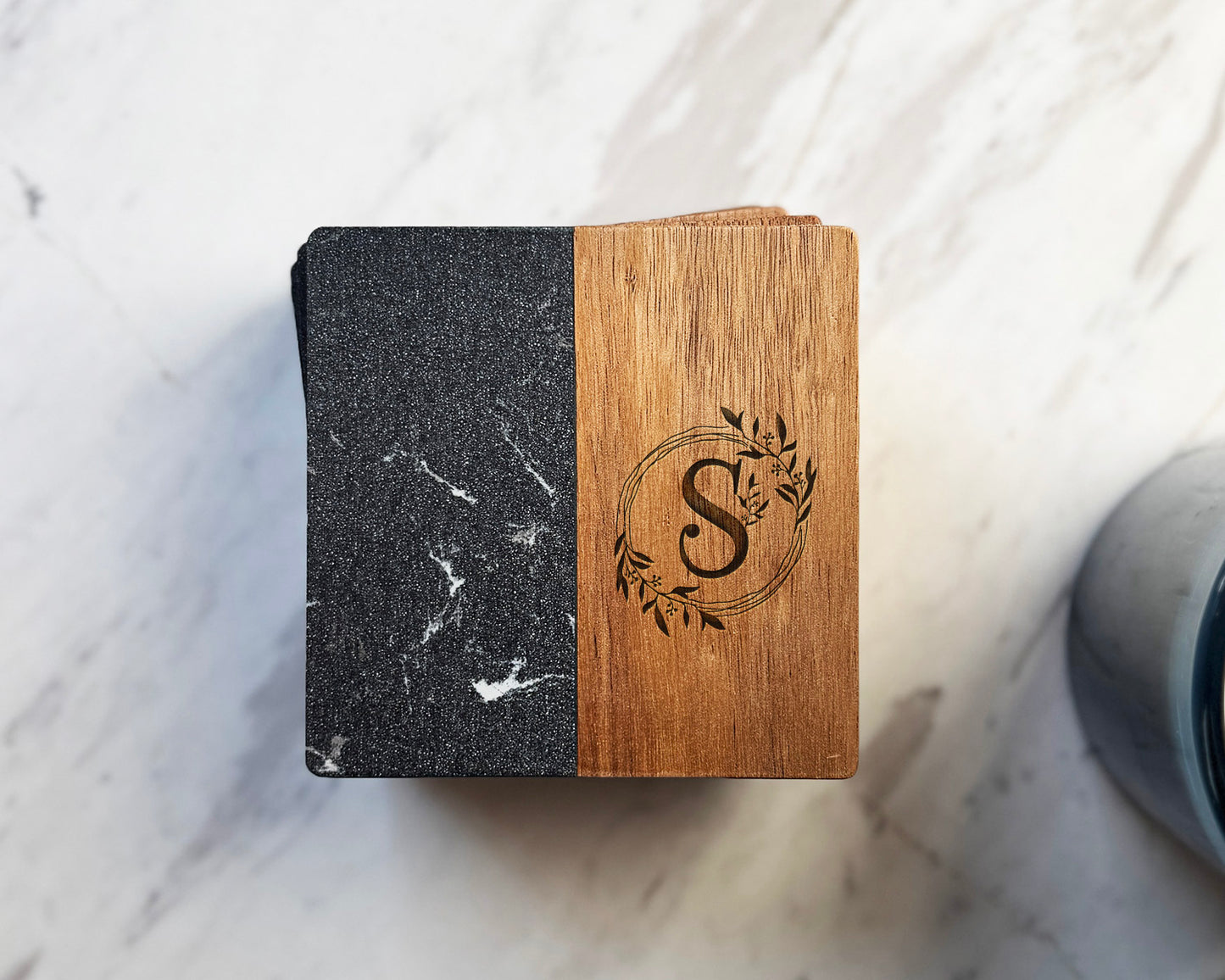 Personalized Black Marble & Acacia Charcuterie Board Set with Custom Floral Monogram