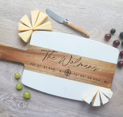 Custom Marble Acacia Cheese Board with GPS coordinates. Charcuterie Board - Dragon Forged Studios