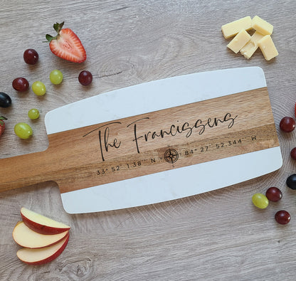 Custom Marble Acacia Cheese Board with GPS coordinates. Charcuterie Board - Dragon Forged Studios