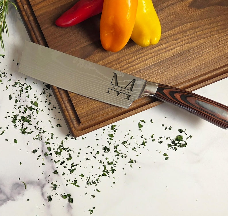 Personalized Nakiri Chef Knife - Custom Engraved Stainless Steel with Pakka Wood Handle